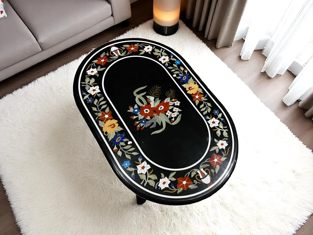 Oval Marble Table with Semi Precious Art